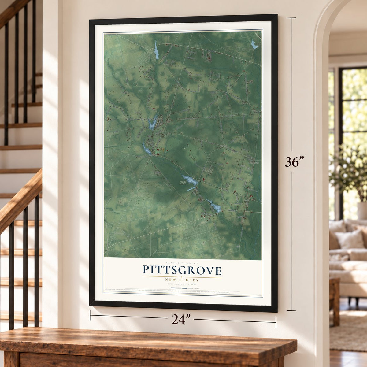 Pittsgrove, New Jersey map, 24 x 36 inch print in a black frame by a staircase