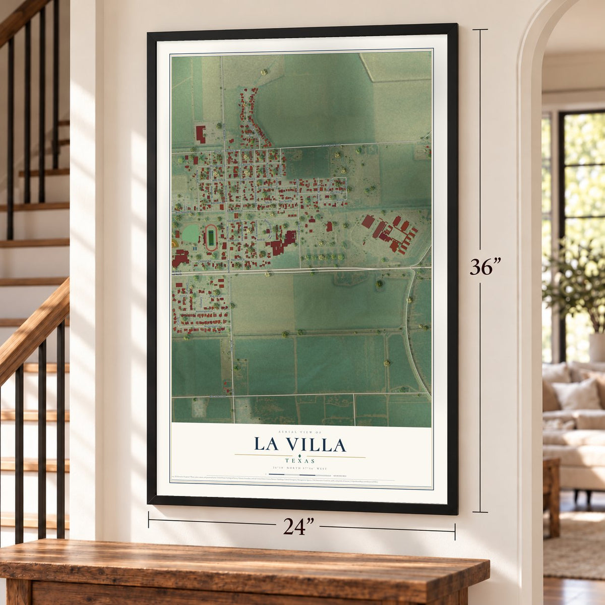 La Villa, Texas map, 24 x 36 inch print in a black frame by a staircase
