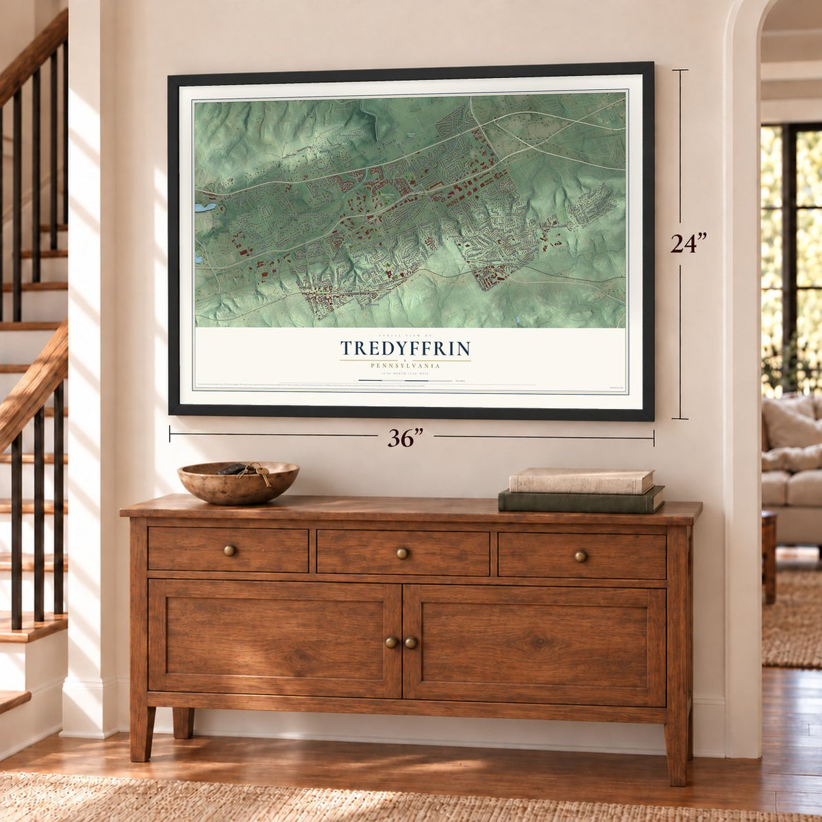 Tredyffrin, Pennsylvania map, 24 x 36 inch print in a black frame above a dresser by a staircase