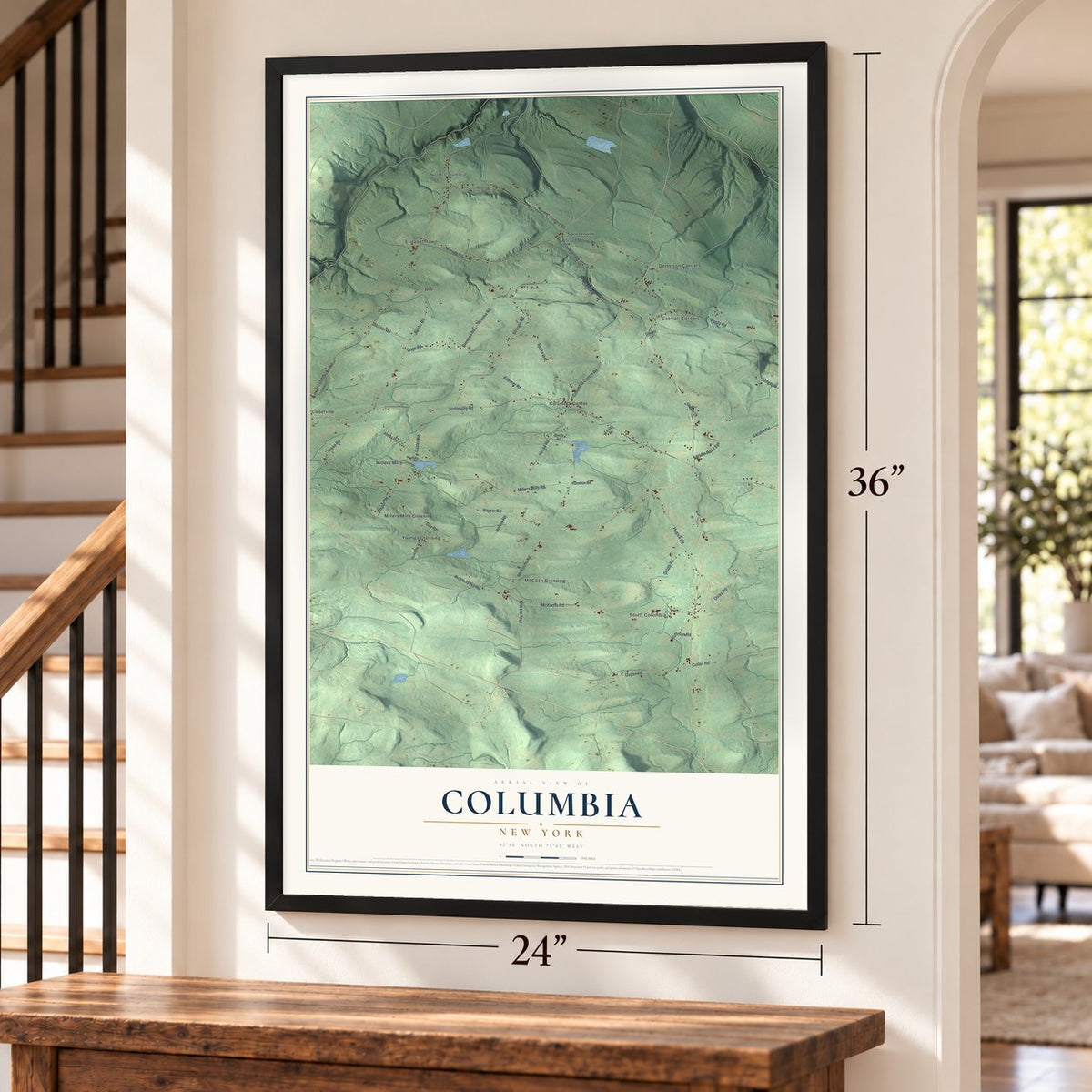 Columbia, New York map, 24 x 36 inch print in a black frame by a staircase