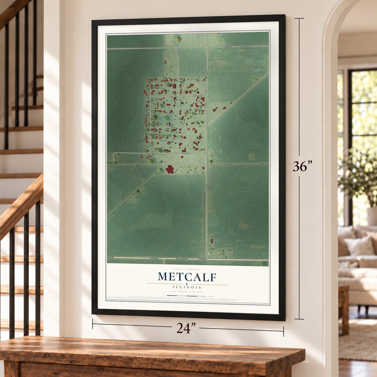 Metcalf, Illinois map, 24 x 36 inch print in a black frame by a staircase