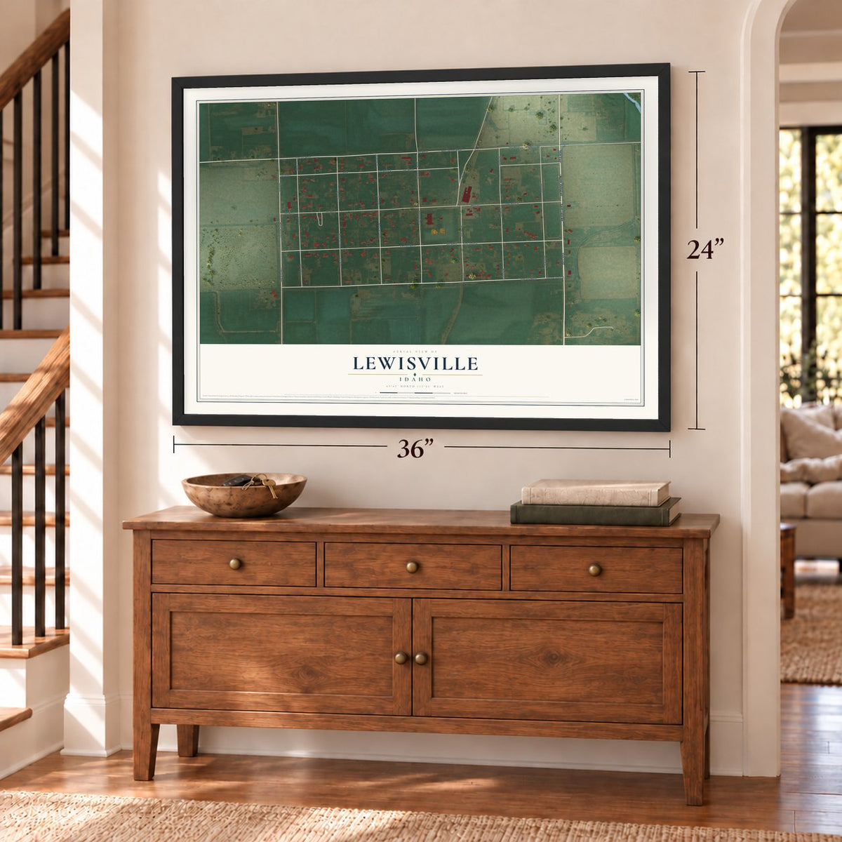 Lewisville, Idaho map, 24 x 36 inch print in a black frame above a dresser by a staircase