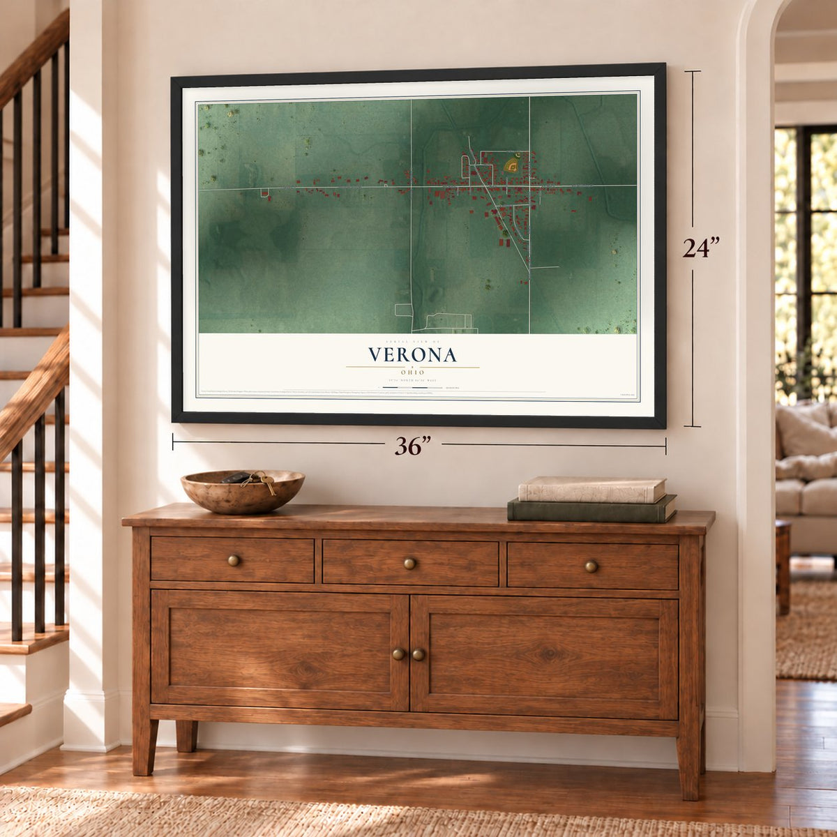 Verona, Ohio map, 24 x 36 inch print in a black frame above a dresser by a staircase