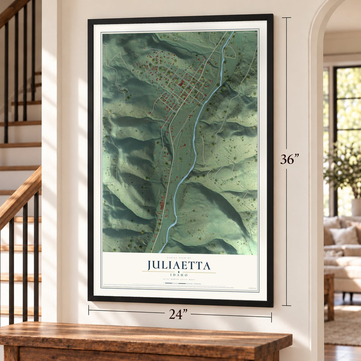 Juliaetta, Idaho map, 24 x 36 inch print in a black frame by a staircase