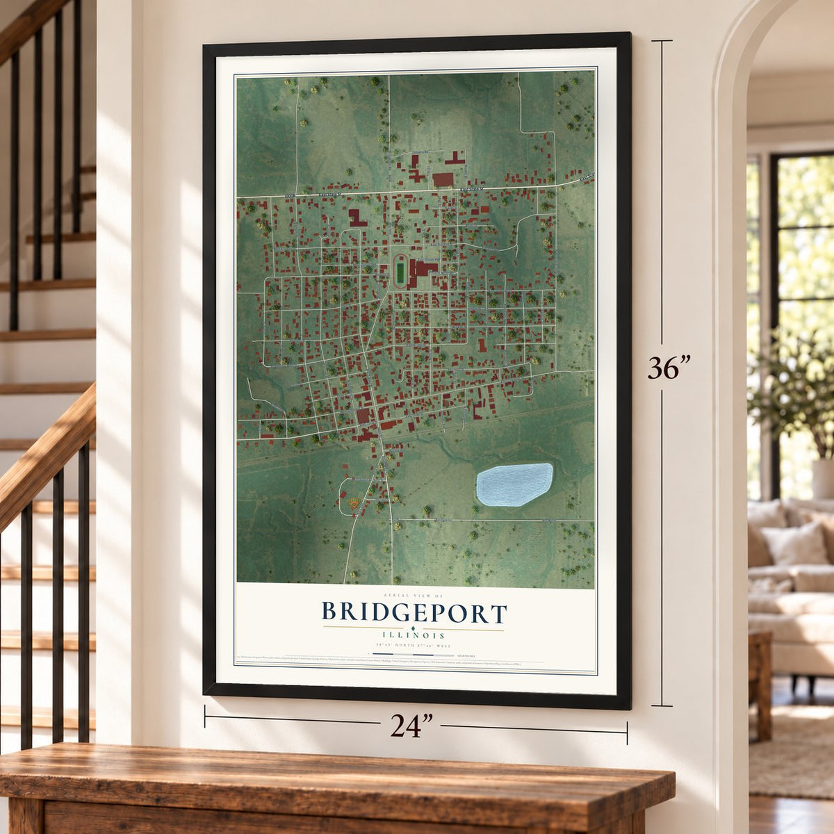 Bridgeport, Illinois map, 24 x 36 inch print in a black frame by a staircase
