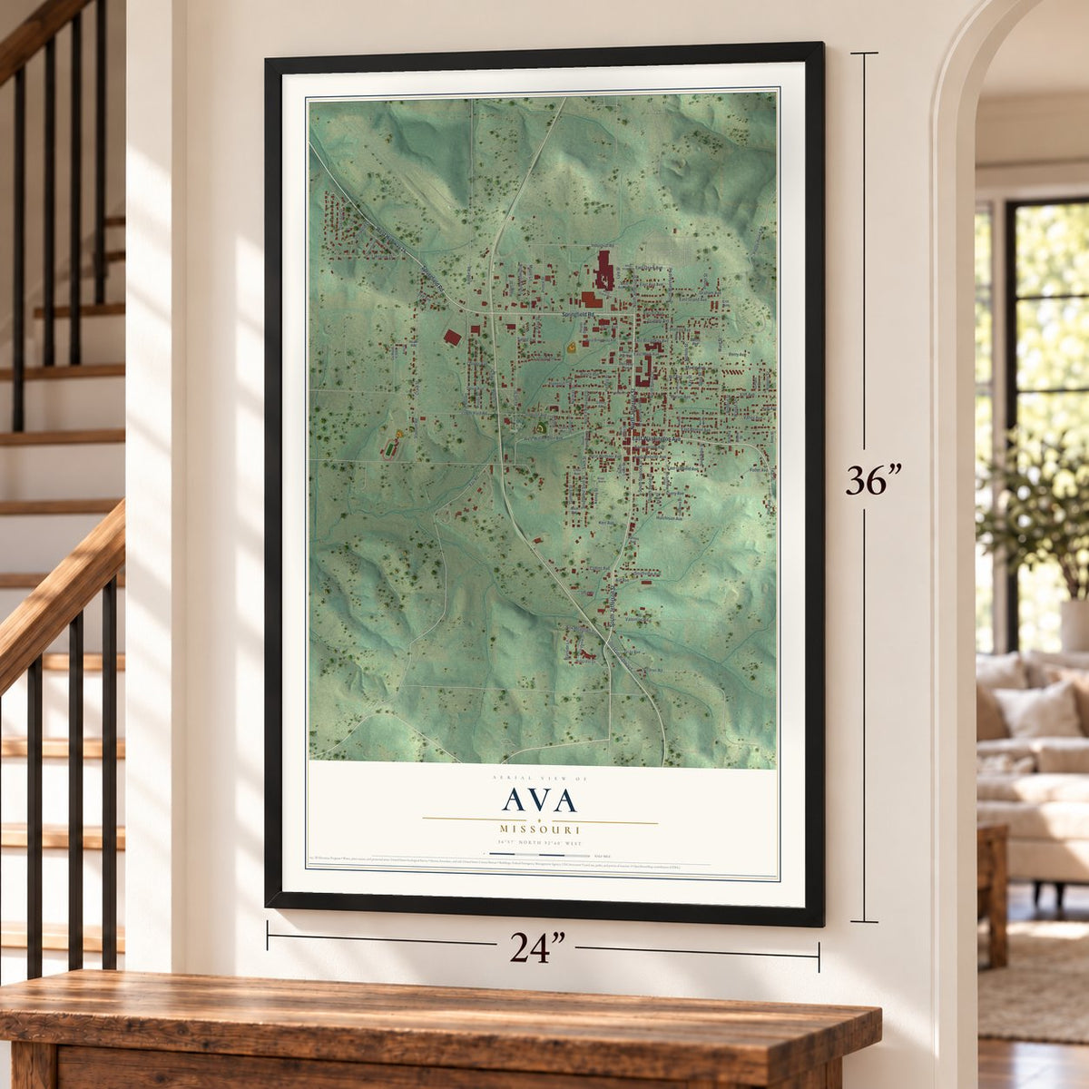 Ava, Missouri map, 24 x 36 inch print in a black frame by a staircase