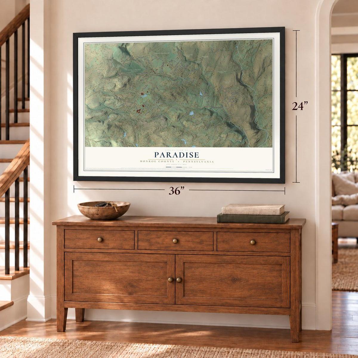 Paradise, Monroe County, Pennsylvania map, 24 x 36 inch print in a black frame above a dresser by a staircase
