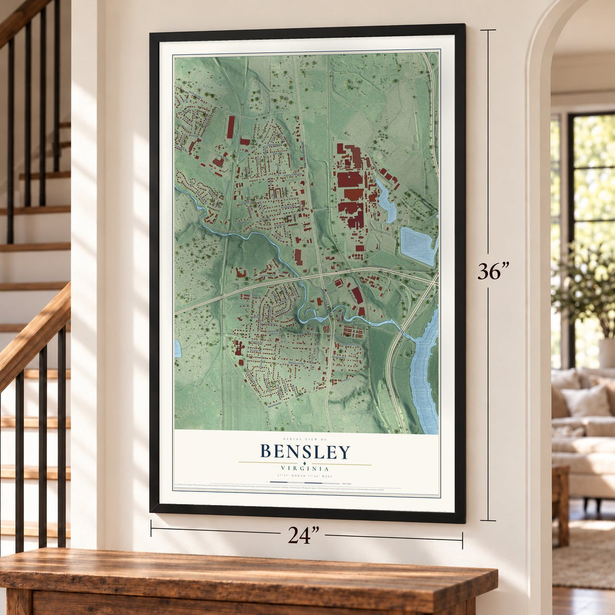 Bensley, Virginia map, 24 x 36 inch print in a black frame by a staircase