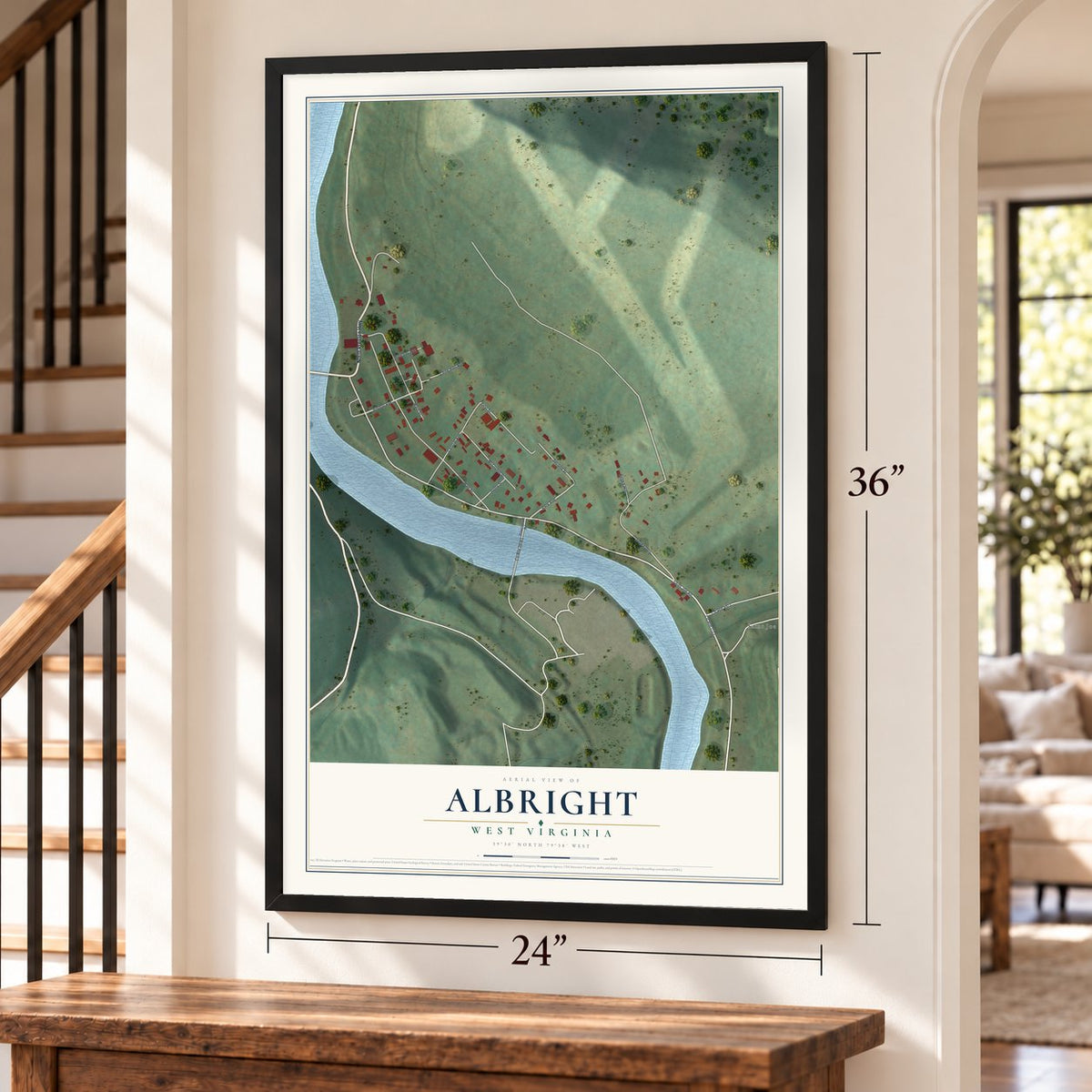 Albright, West Virginia map, 24 x 36 inch print in a black frame by a staircase