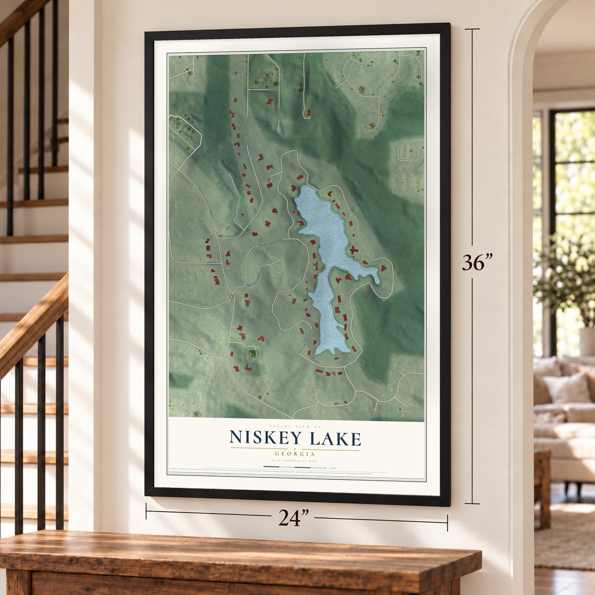 Niskey Lake, Georgia map, 24 x 36 inch print in a black frame by a staircase