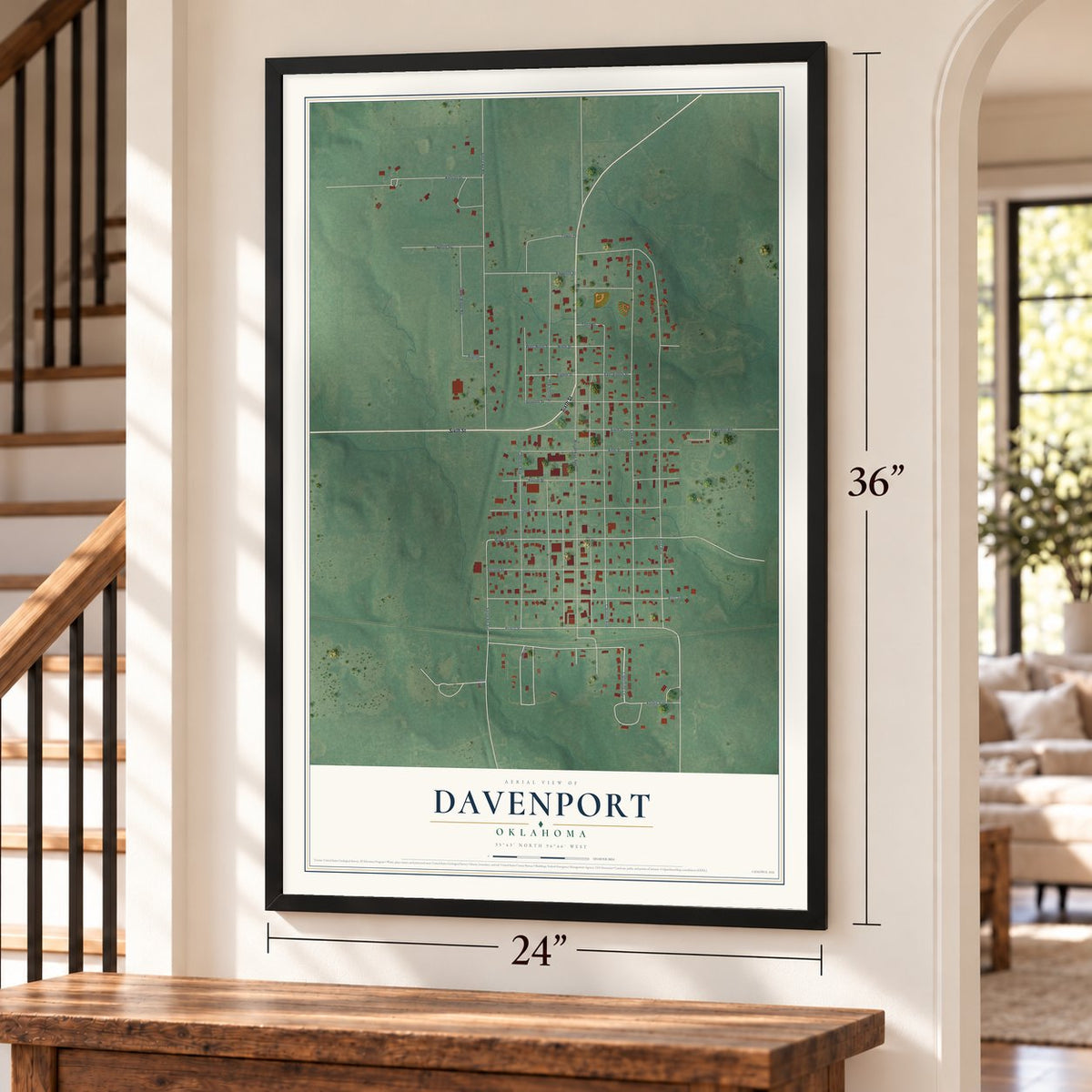 Davenport, Oklahoma map, 24 x 36 inch print in a black frame by a staircase