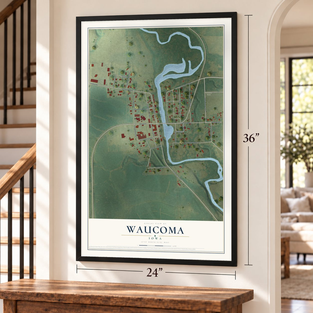 Waucoma, Iowa map, 24 x 36 inch print in a black frame by a staircase
