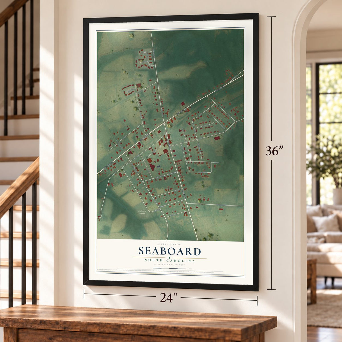 Seaboard, North Carolina map, 24 x 36 inch print in a black frame by a staircase