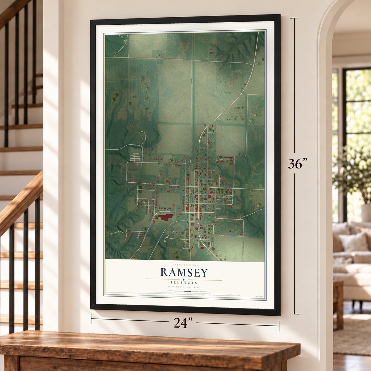 Ramsey, Illinois map, 24 x 36 inch print in a black frame by a staircase