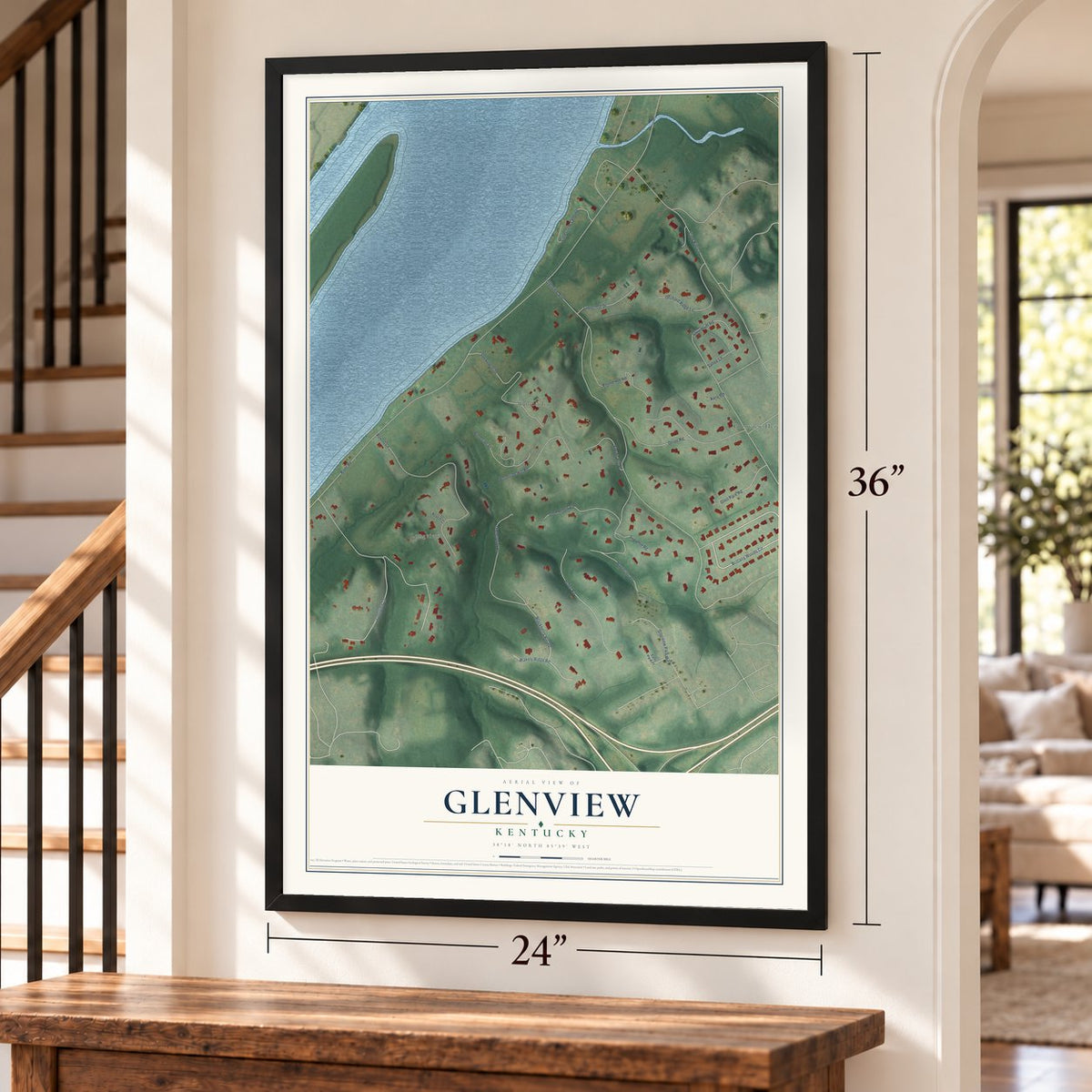Glenview, Kentucky map, 24 x 36 inch print in a black frame by a staircase