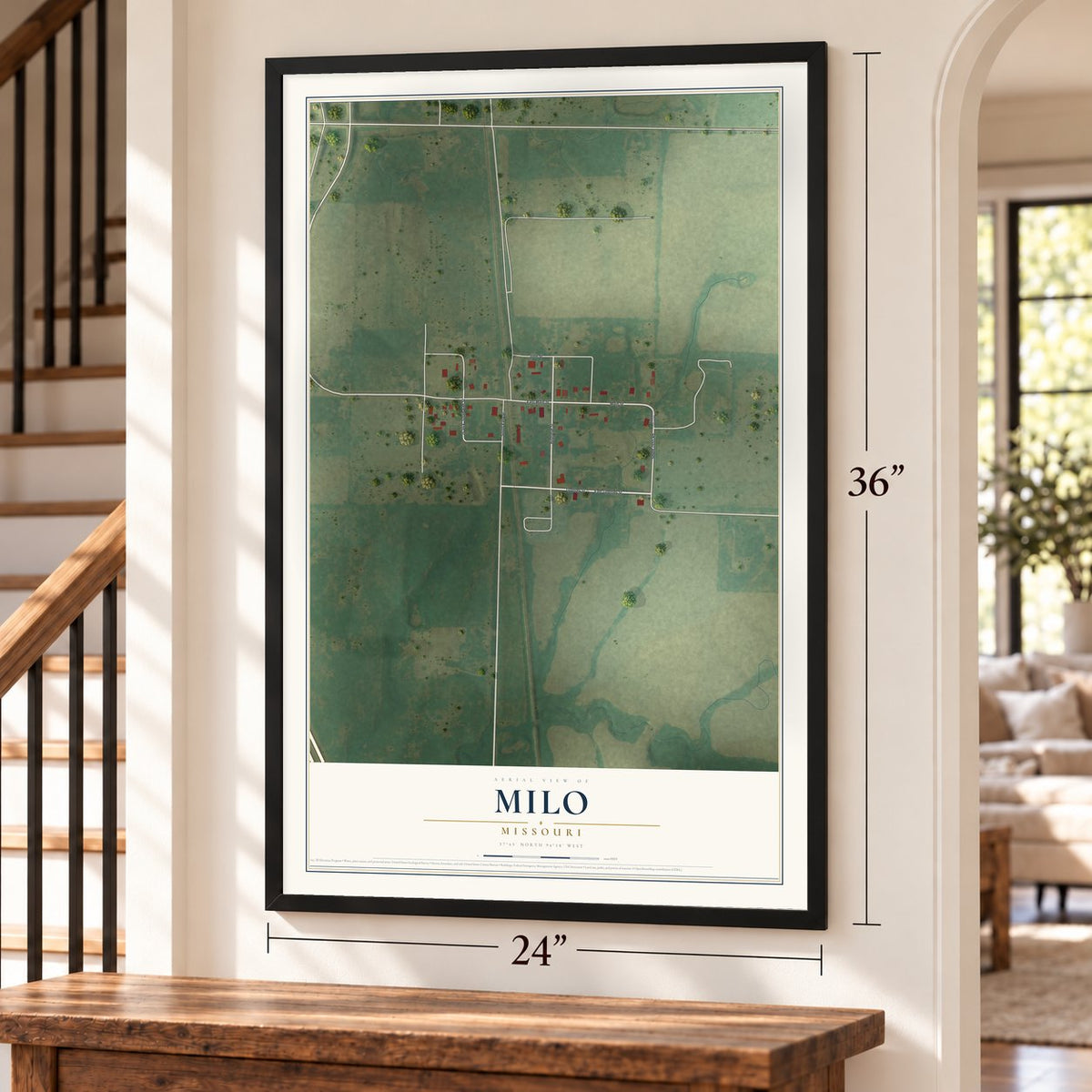 Milo, Missouri map, 24 x 36 inch print in a black frame by a staircase