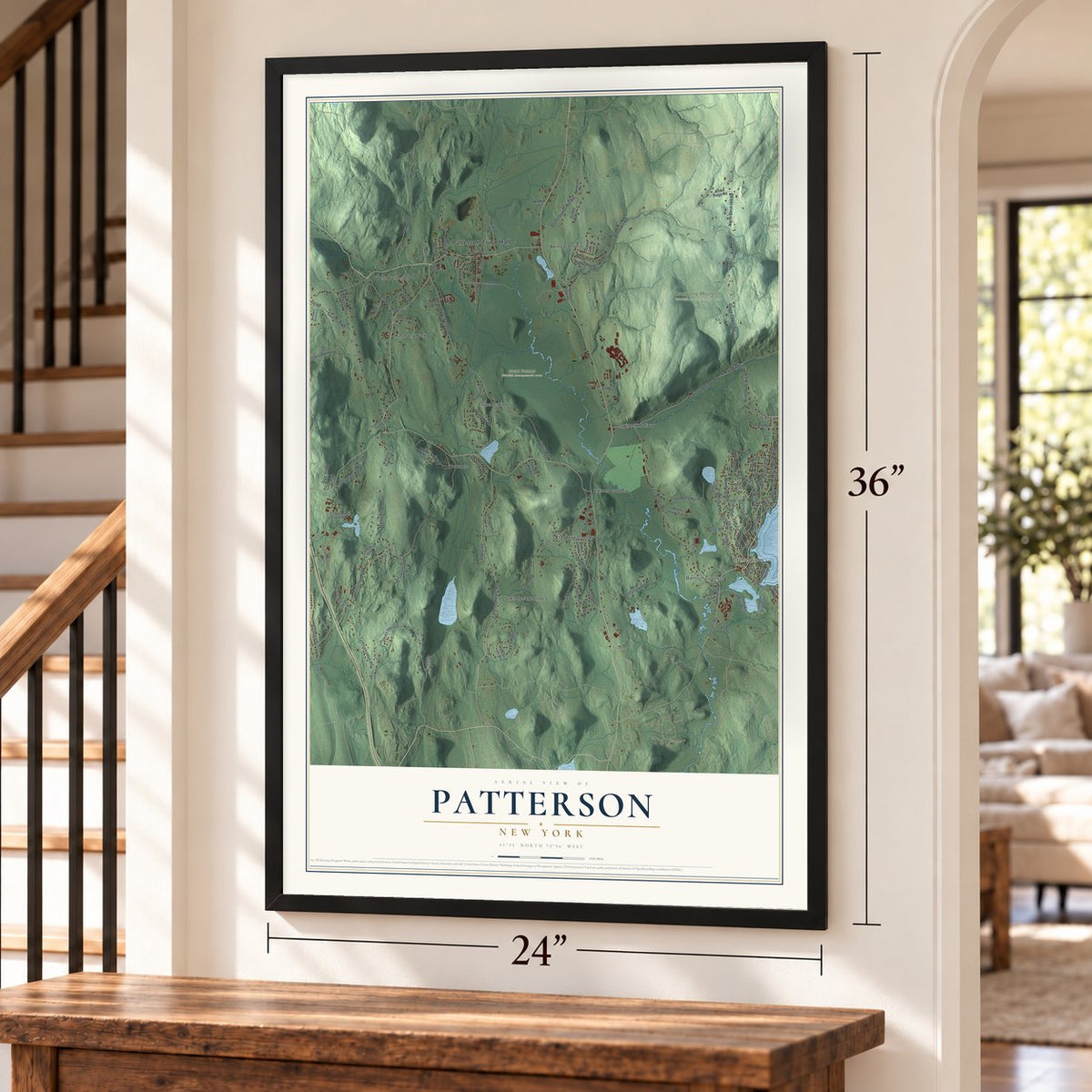 Patterson, New York map, 24 x 36 inch print in a black frame by a staircase