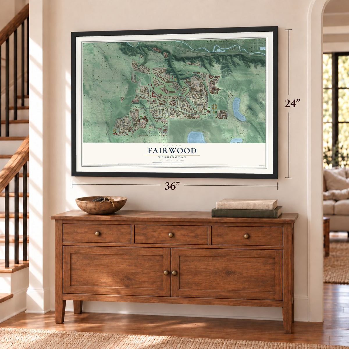 Fairwood, Washington map, 24 x 36 inch print in a black frame above a dresser by a staircase