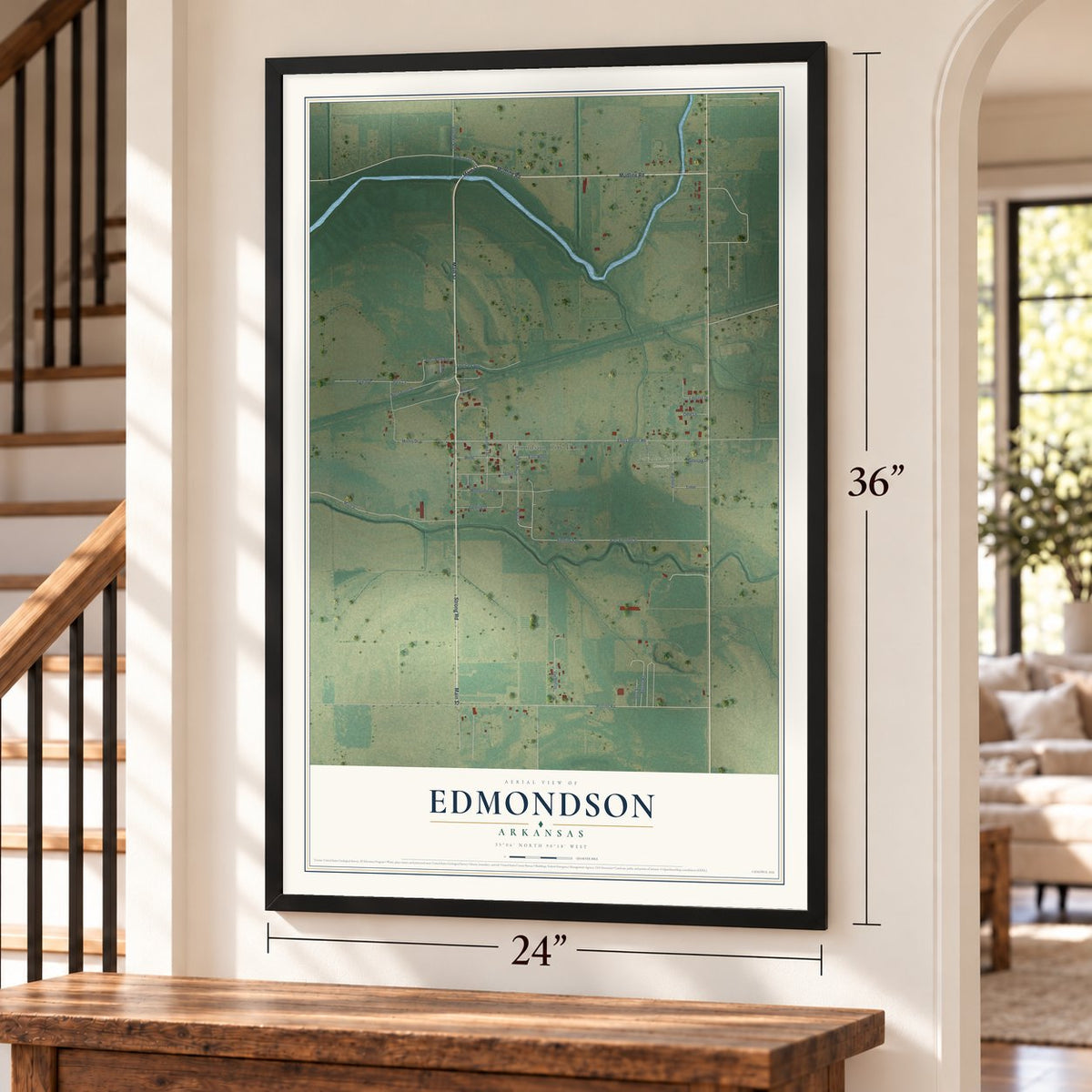 Edmondson, Arkansas map, 24 x 36 inch print in a black frame by a staircase