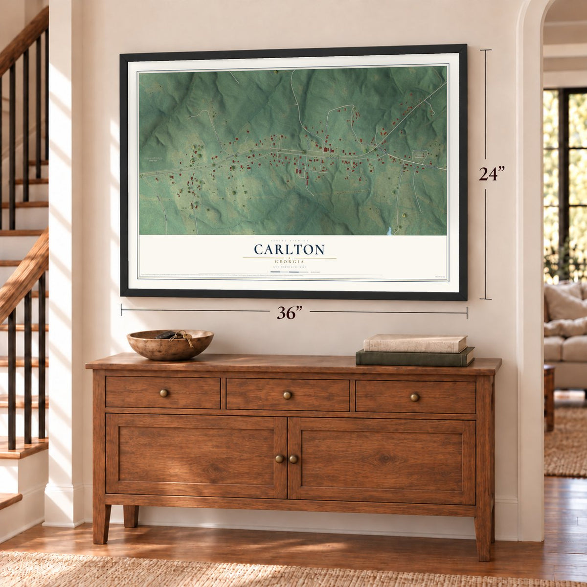 Carlton, Georgia map, 24 x 36 inch print in a black frame above a dresser by a staircase