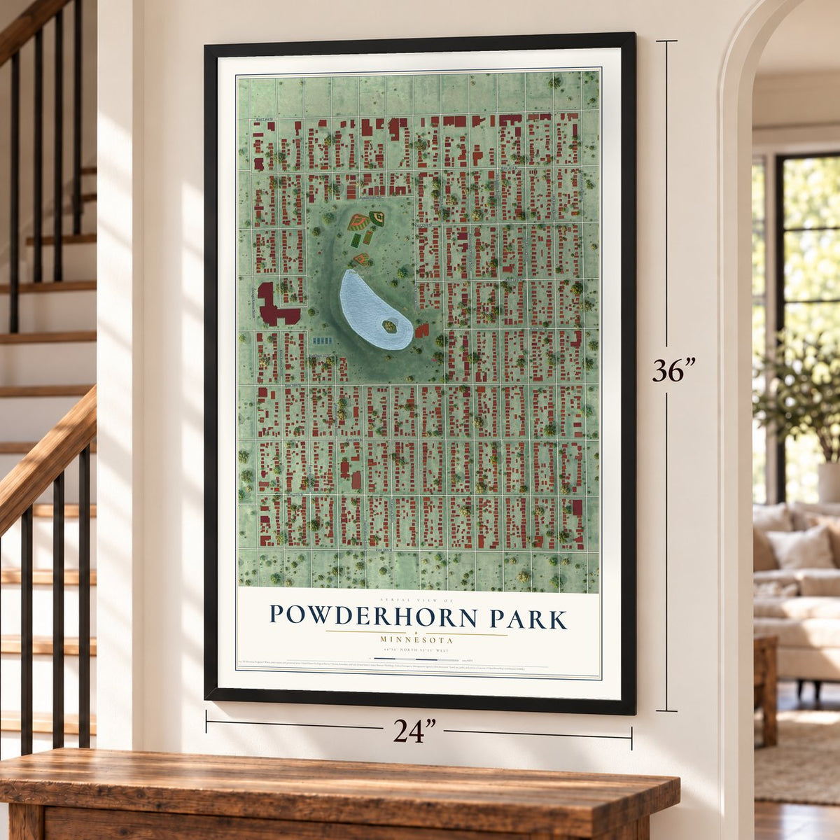 Powderhorn Park, Minnesota map, 24 x 36 inch print in a black frame by a staircase