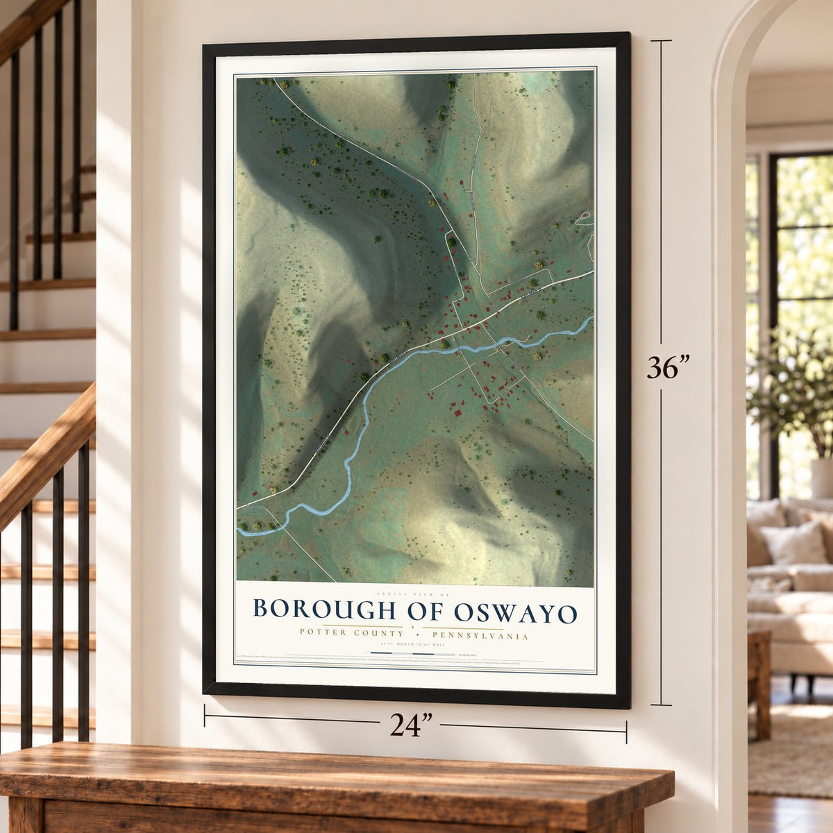 Borough of Oswayo, Potter County, Pennsylvania map, 24 x 36 inch print in a black frame by a staircase