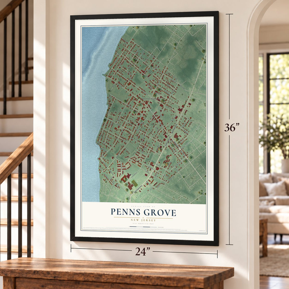 Penns Grove, New Jersey map, 24 x 36 inch print in a black frame by a staircase