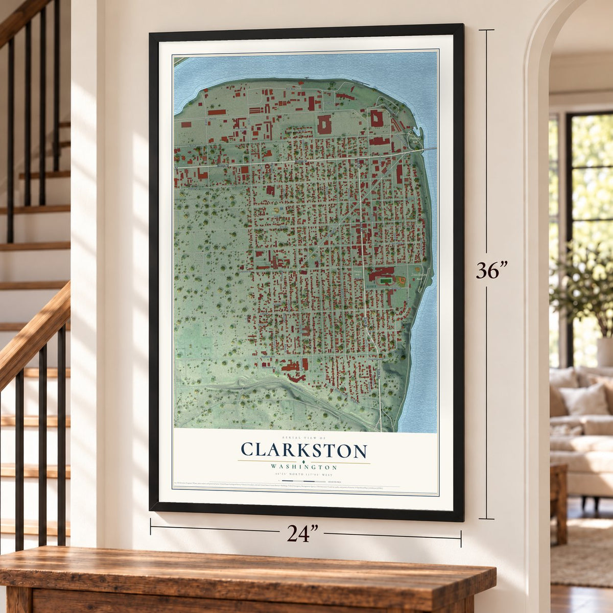 Clarkston, Washington map, 24 x 36 inch print in a black frame by a staircase