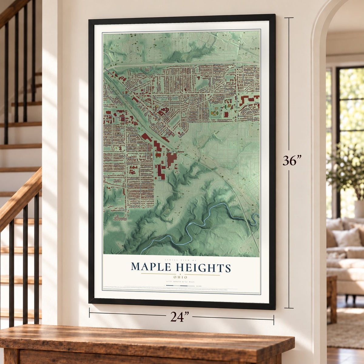 Maple Heights, Ohio map, 24 x 36 inch print in a black frame by a staircase