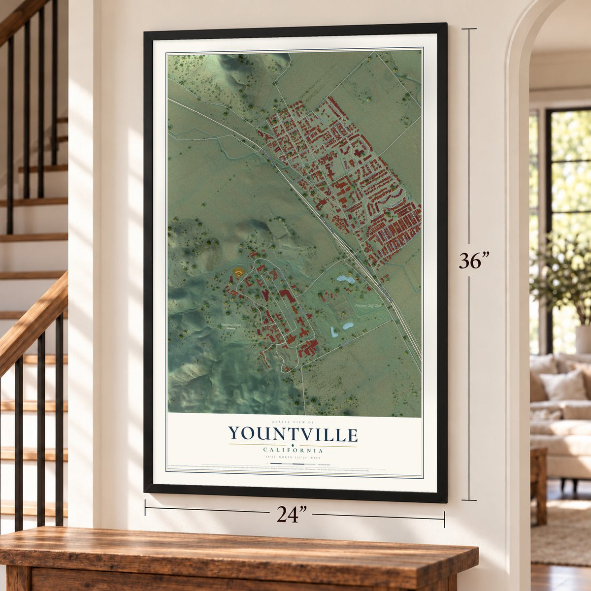 Yountville, California map, 24 x 36 inch print in a black frame by a staircase