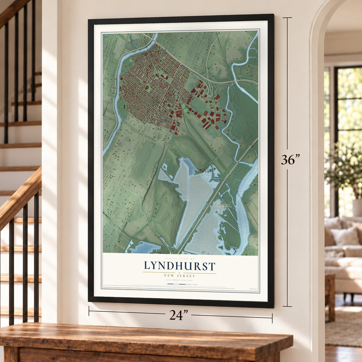 Lyndhurst, New Jersey map, 24 x 36 inch print in a black frame by a staircase