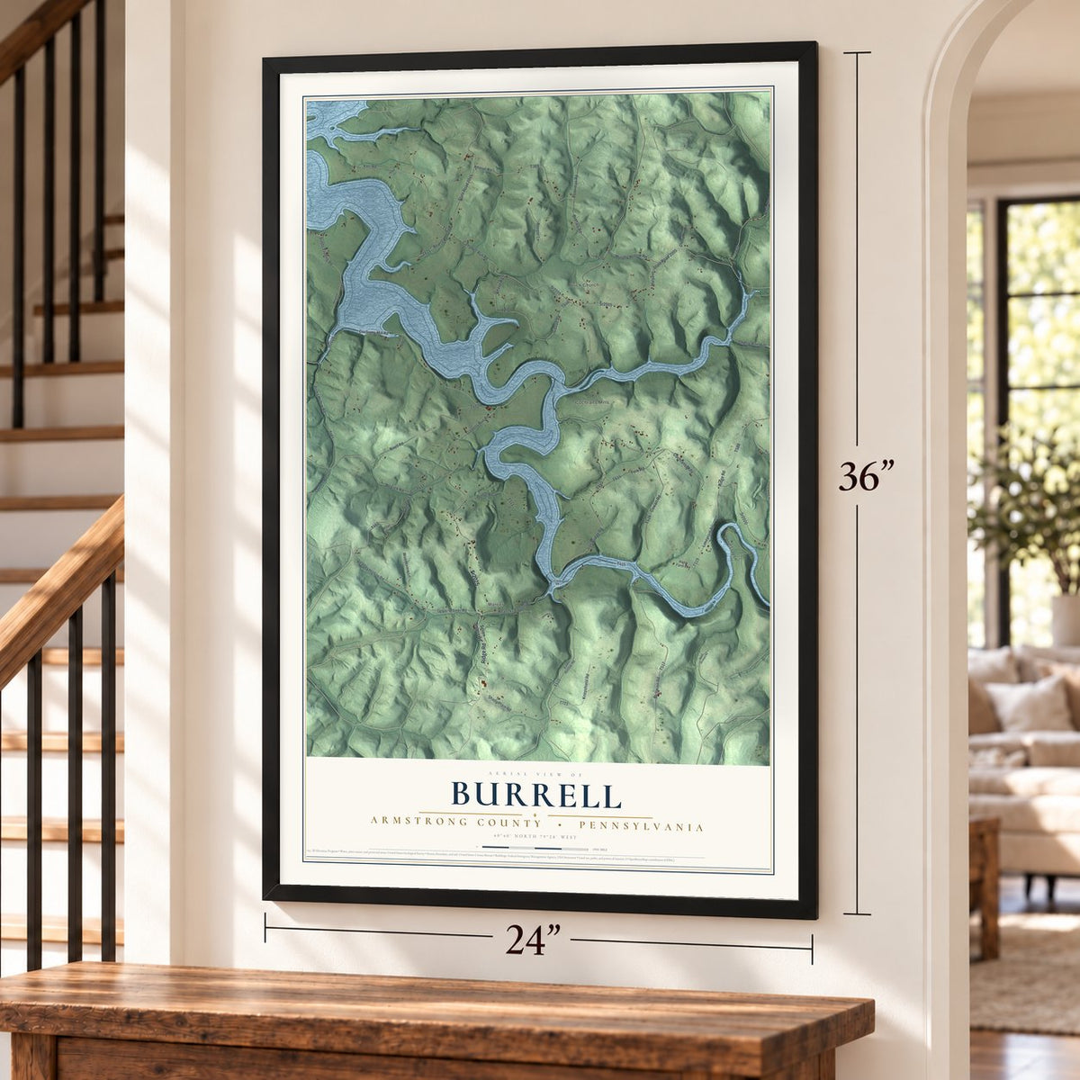 Burrell, Armstrong County, Pennsylvania map, 24 x 36 inch print in a black frame by a staircase