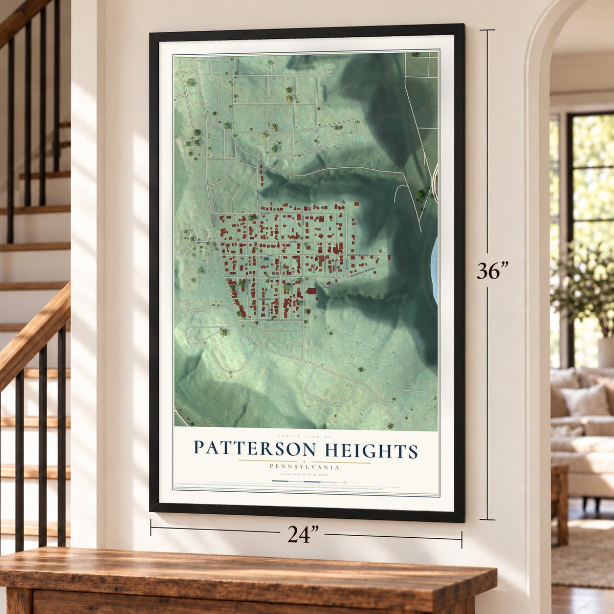 Patterson Heights, Pennsylvania map, 24 x 36 inch print in a black frame by a staircase