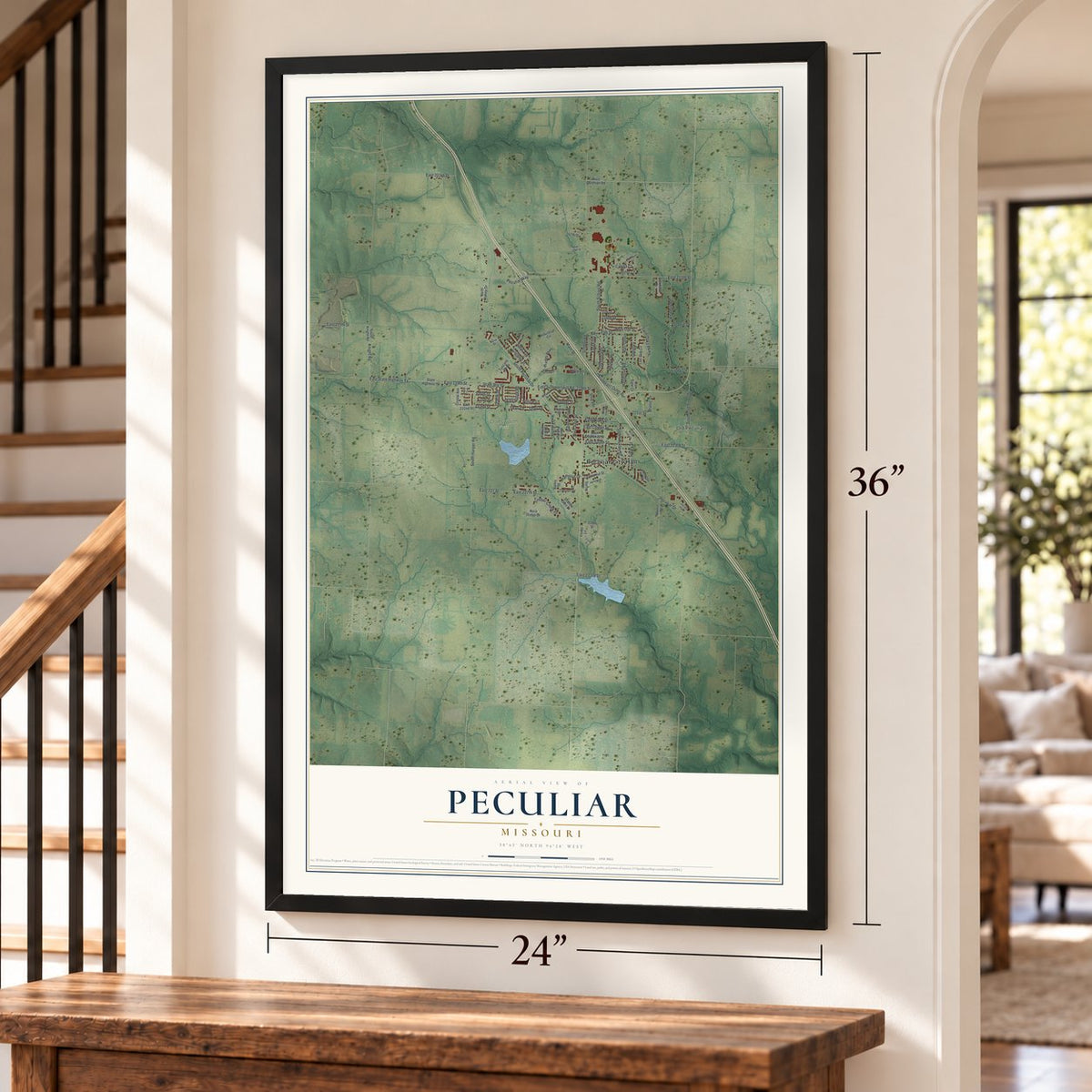 Peculiar, Missouri map, 24 x 36 inch print in a black frame by a staircase