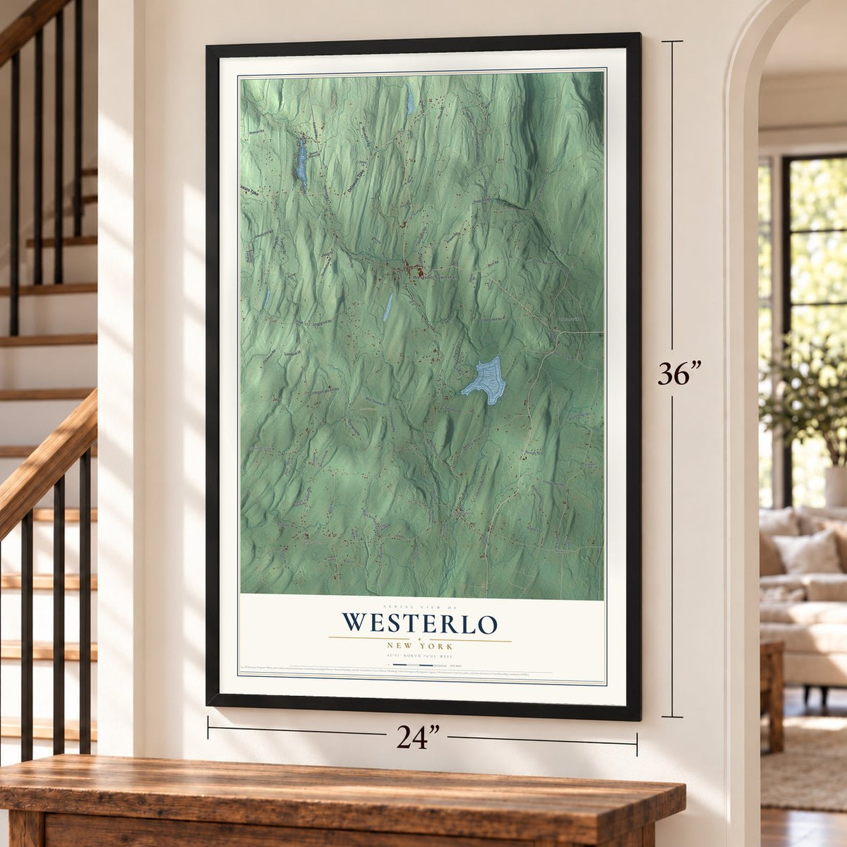 Westerlo, New York map, 24 x 36 inch print in a black frame by a staircase
