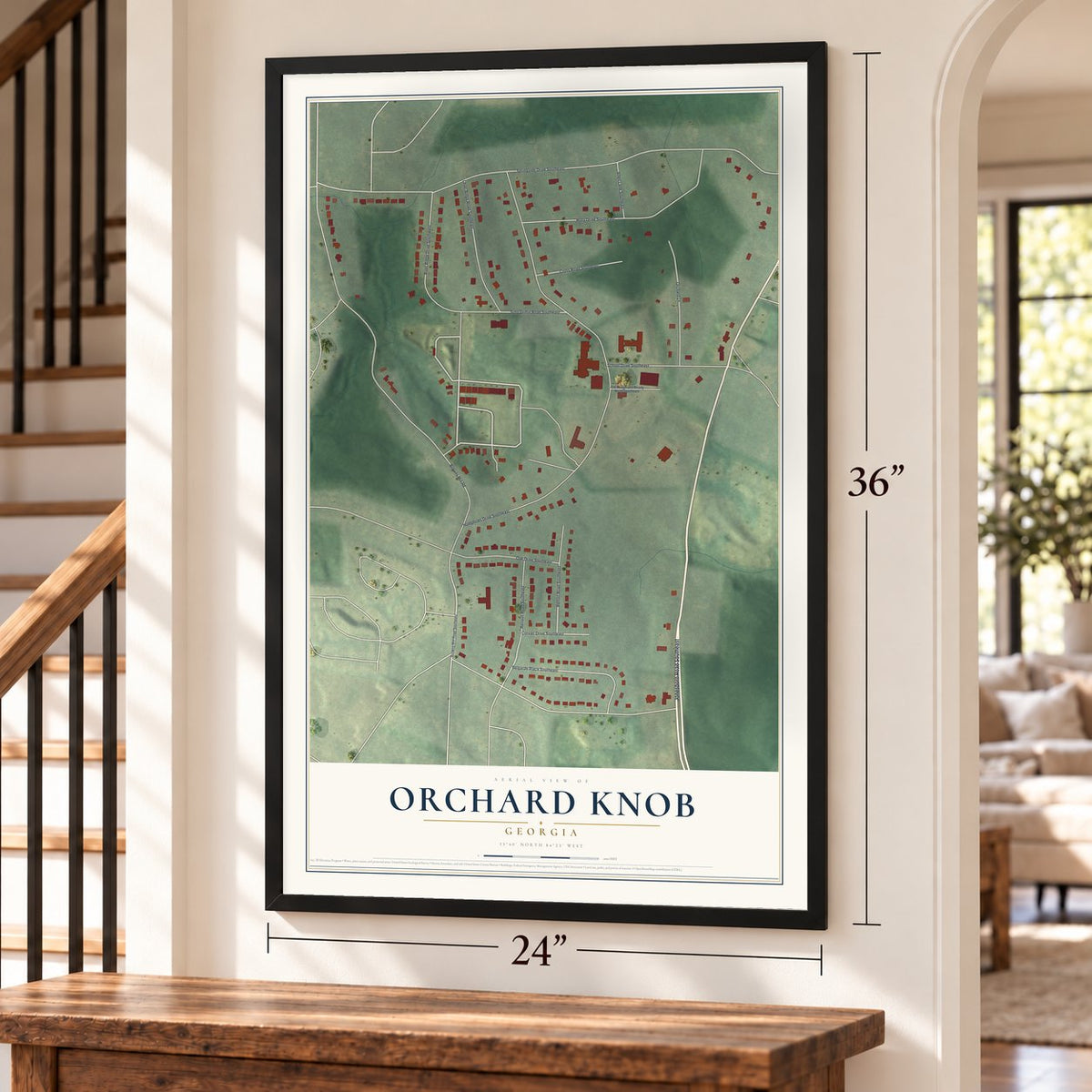 Orchard Knob, Georgia map, 24 x 36 inch print in a black frame by a staircase