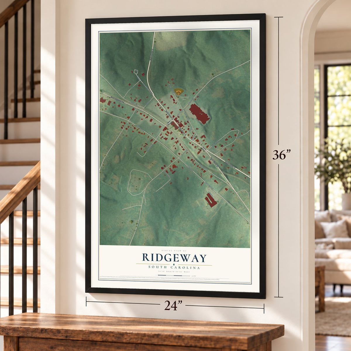 Ridgeway, South Carolina map, 24 x 36 inch print in a black frame by a staircase