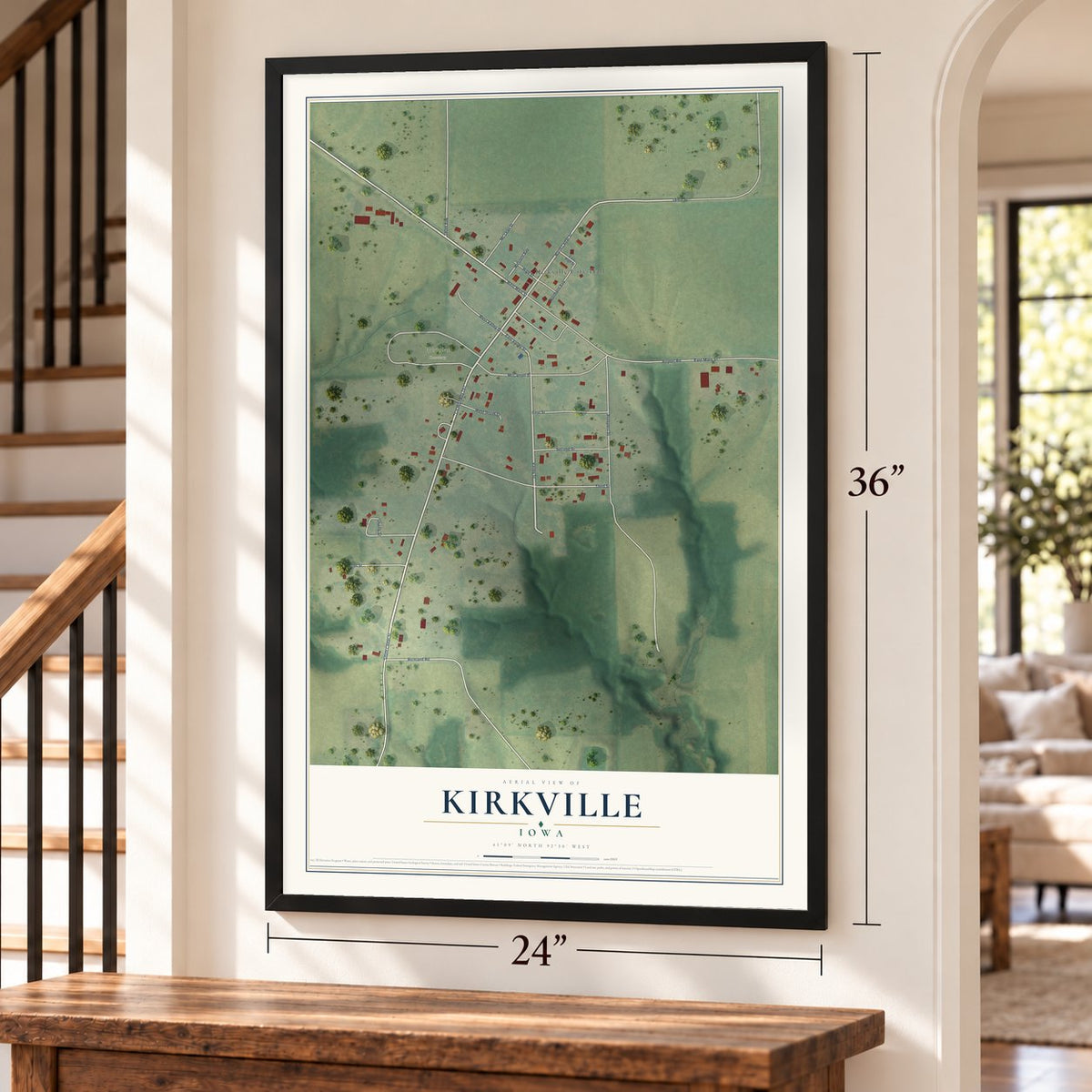 Kirkville, Iowa map, 24 x 36 inch print in a black frame by a staircase