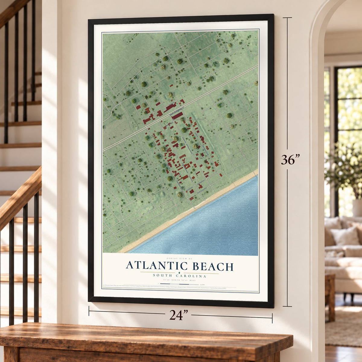 Atlantic Beach, South Carolina map, 24 x 36 inch print in a black frame by a staircase