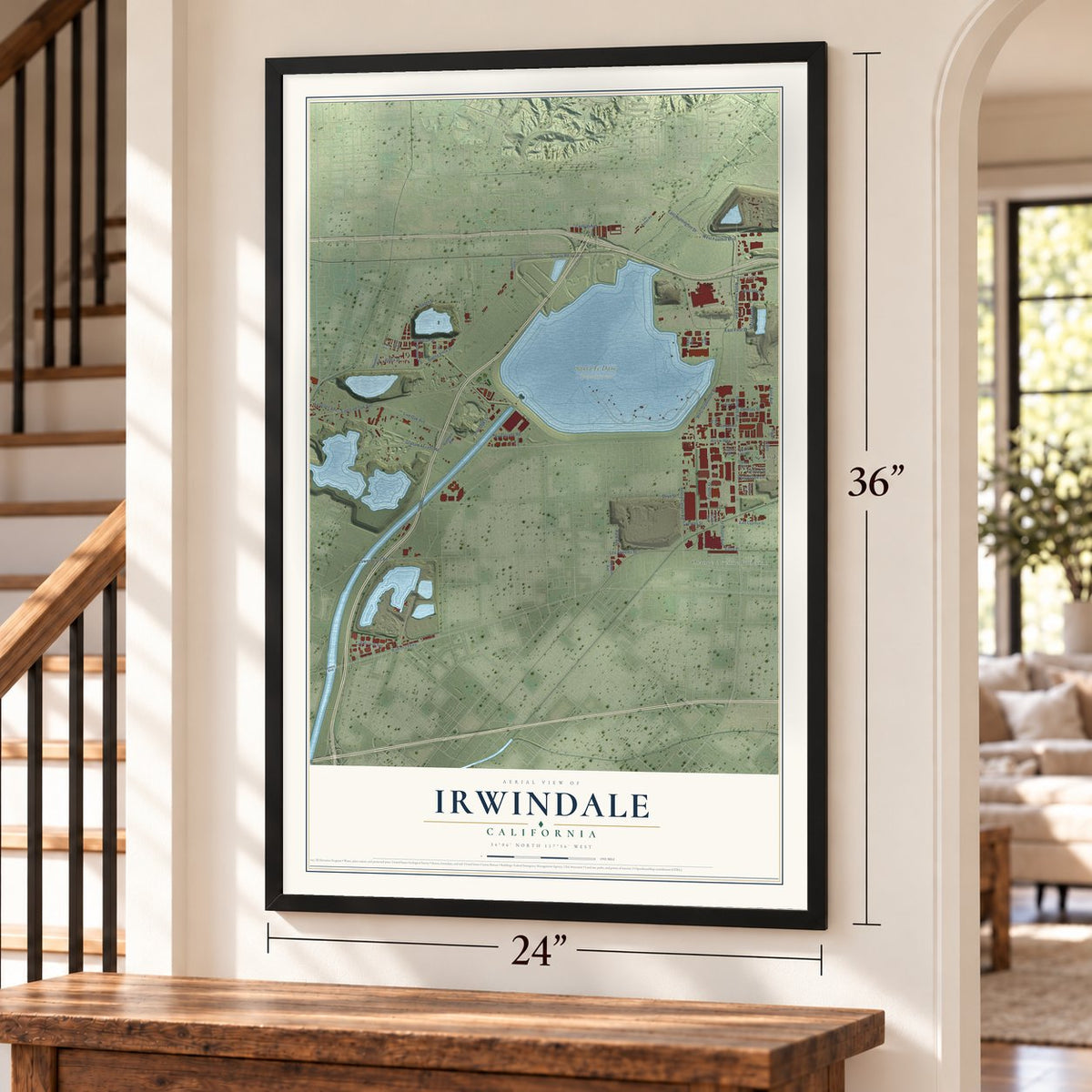 Irwindale, California map, 24 x 36 inch print in a black frame by a staircase