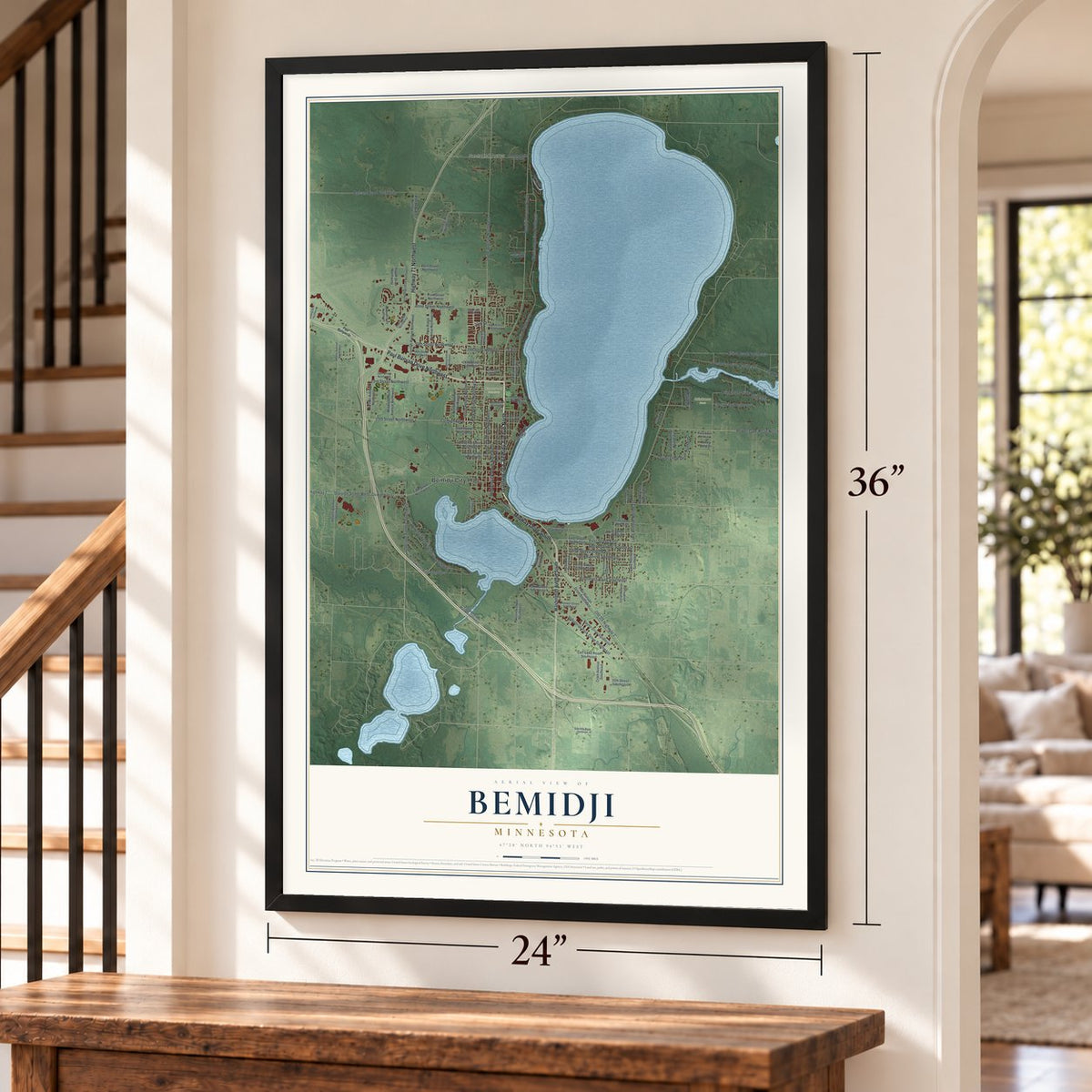 Bemidji, Minnesota map, 24 x 36 inch print in a black frame by a staircase