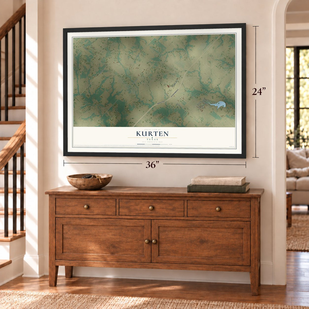 Kurten, Texas map, 24 x 36 inch print in a black frame above a dresser by a staircase