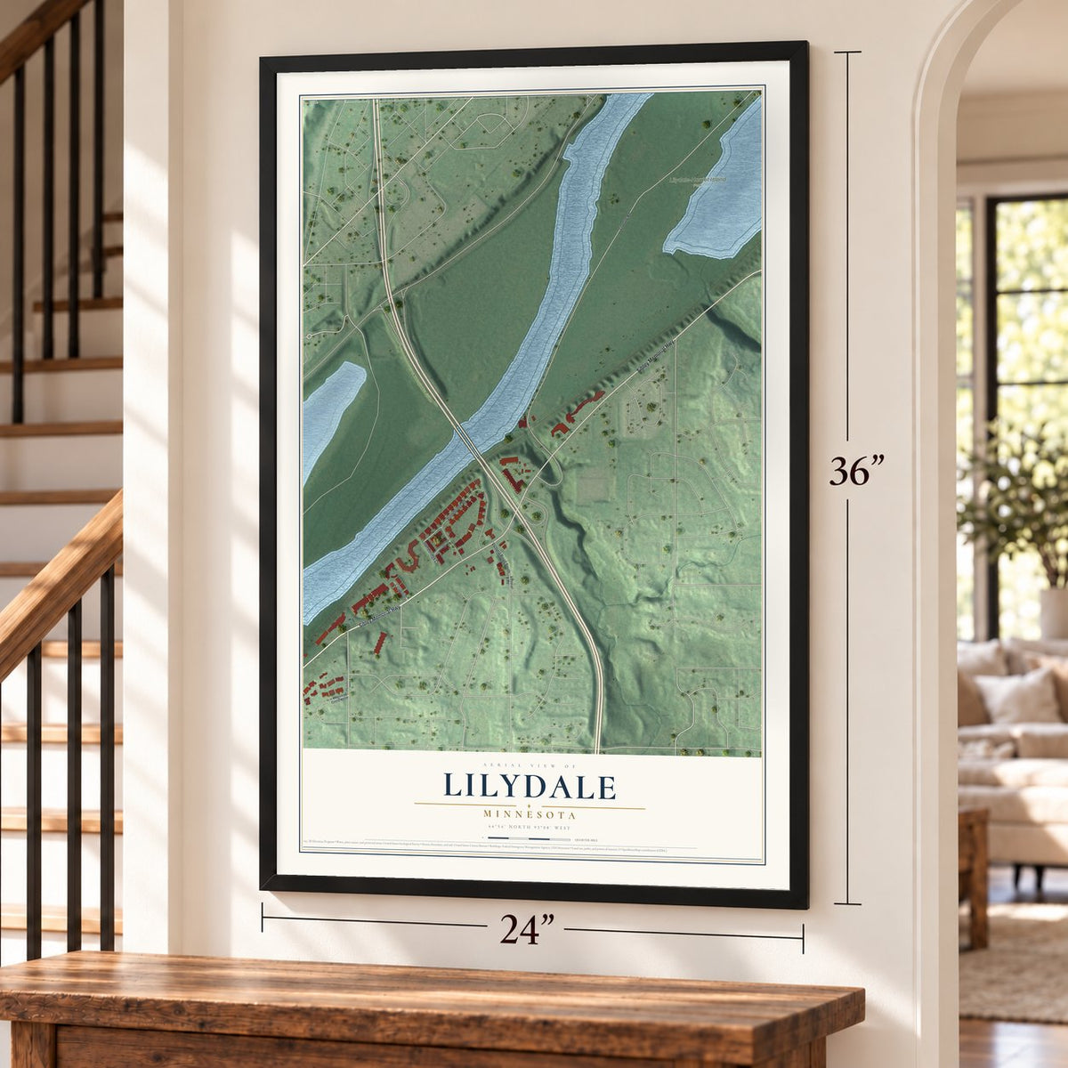 Lilydale, Minnesota map, 24 x 36 inch print in a black frame by a staircase