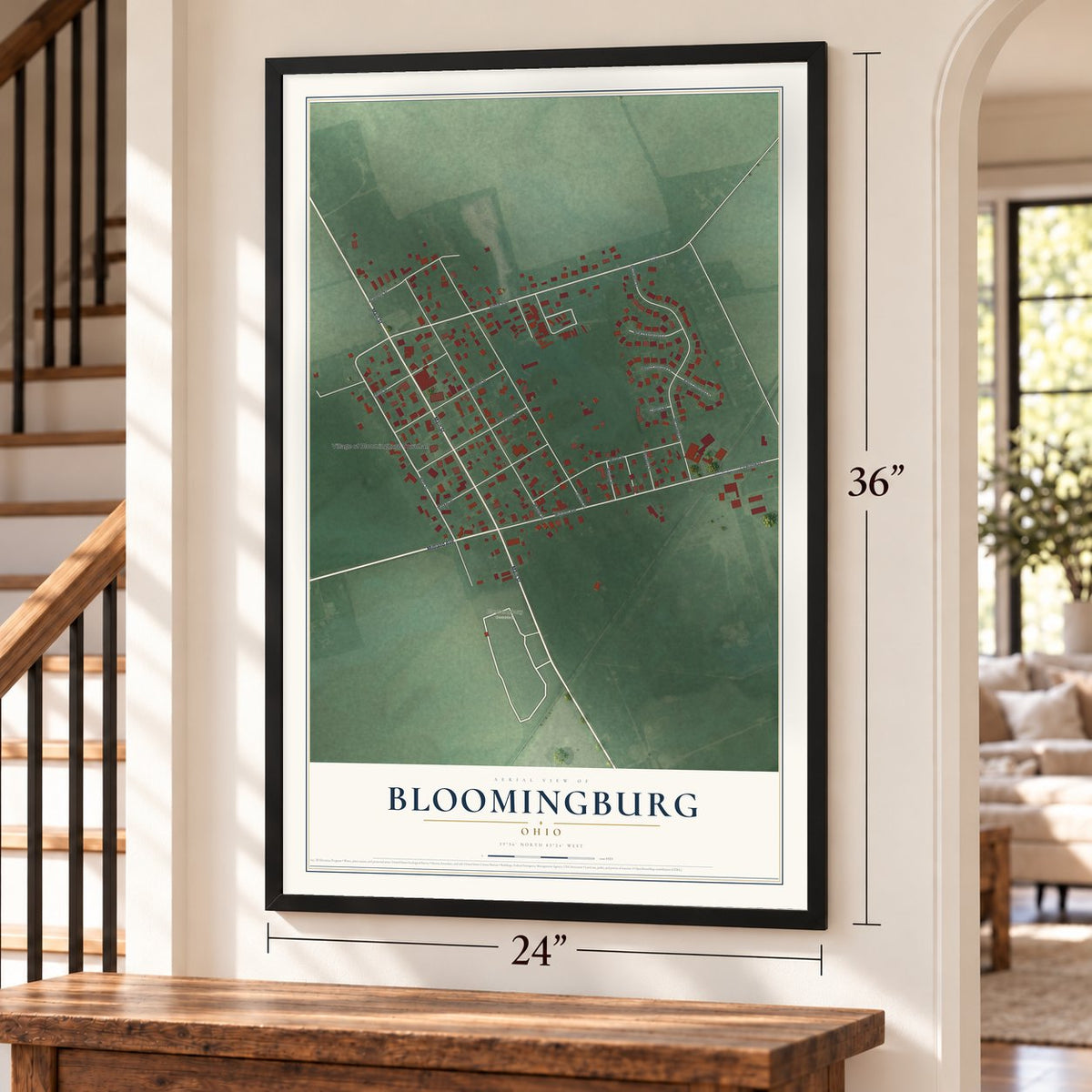 Bloomingburg, Ohio map, 24 x 36 inch print in a black frame by a staircase