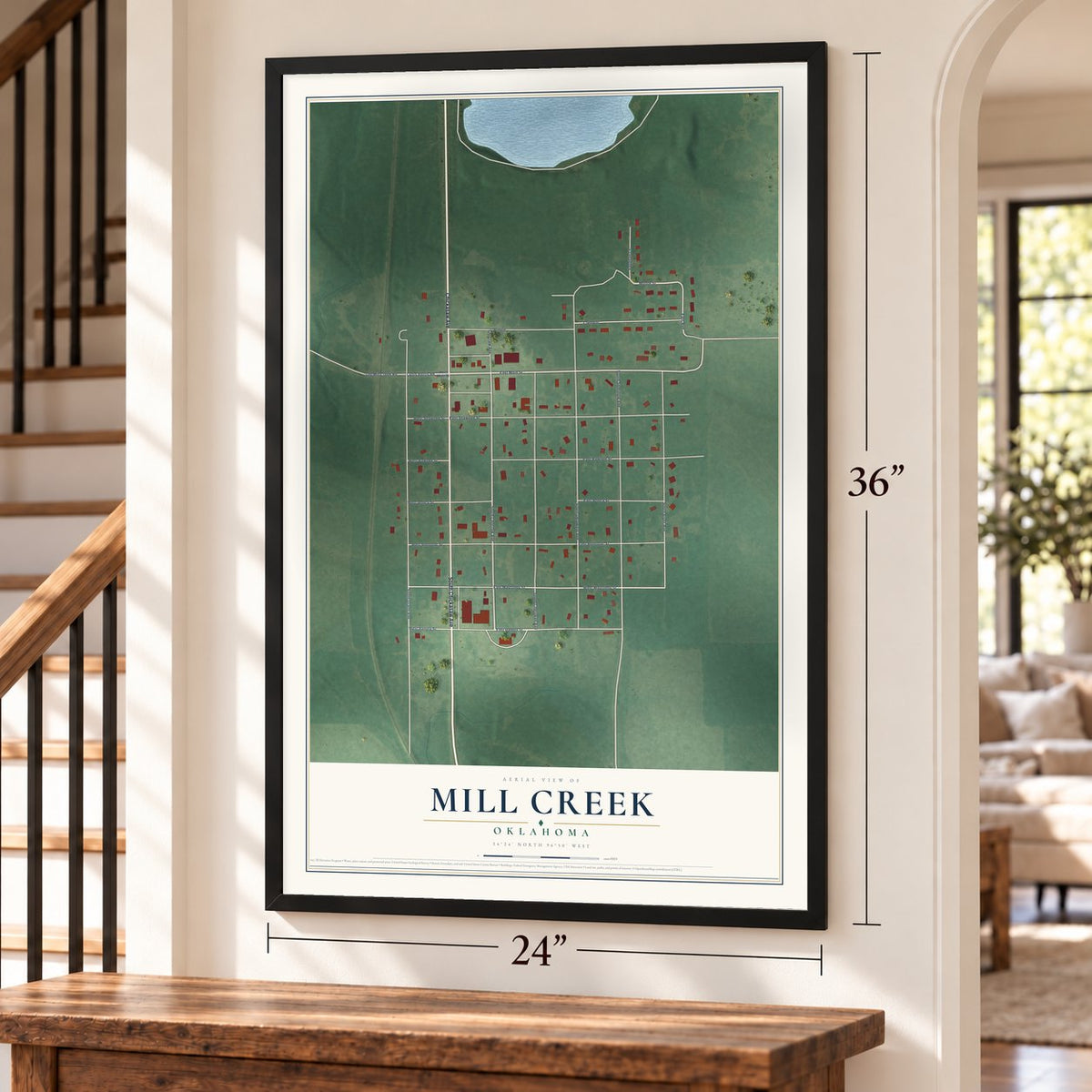Mill Creek, Oklahoma map, 24 x 36 inch print in a black frame by a staircase