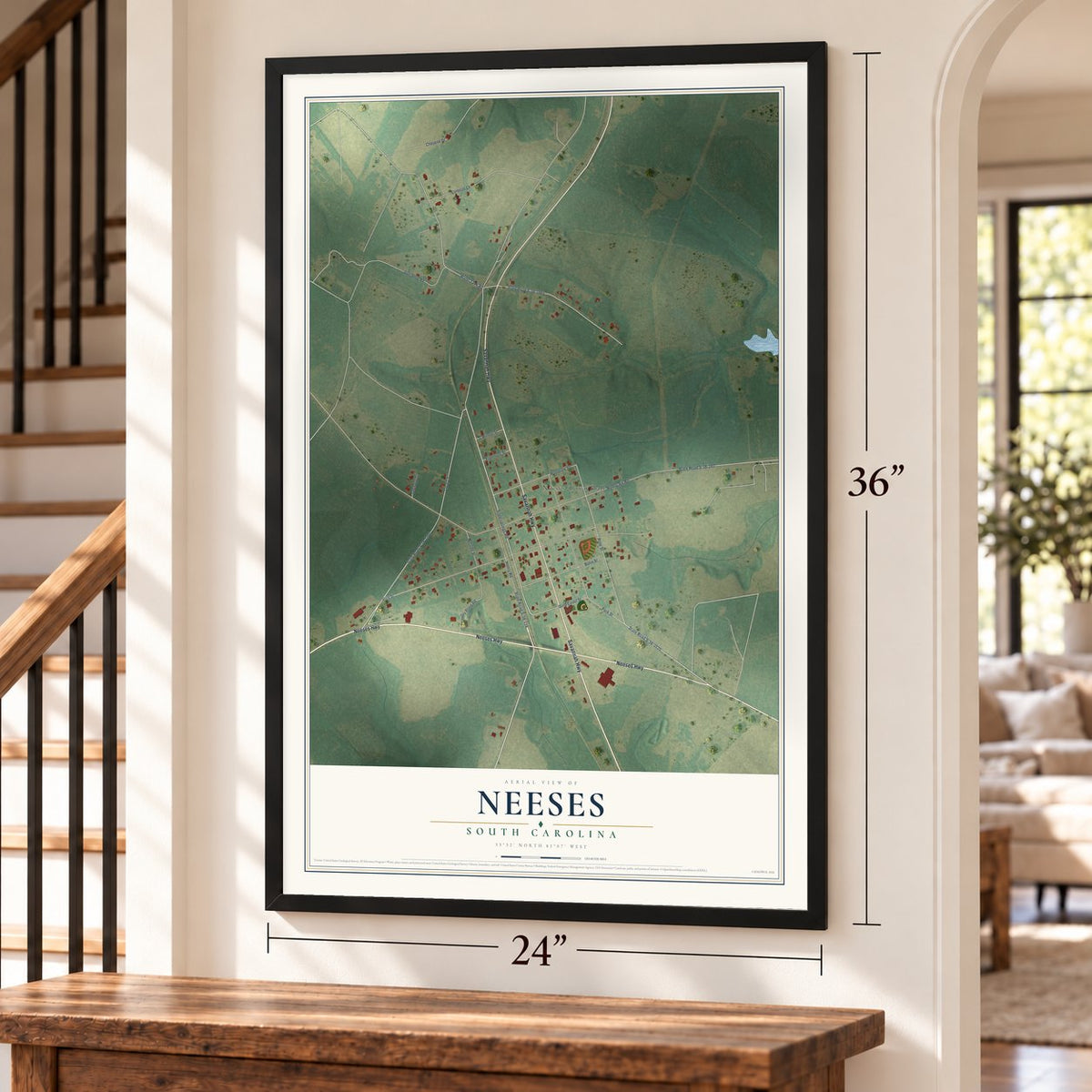 Neeses, South Carolina map, 24 x 36 inch print in a black frame by a staircase