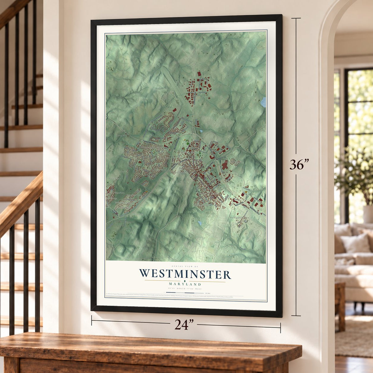 Westminster, Maryland map, 24 x 36 inch print in a black frame by a staircase