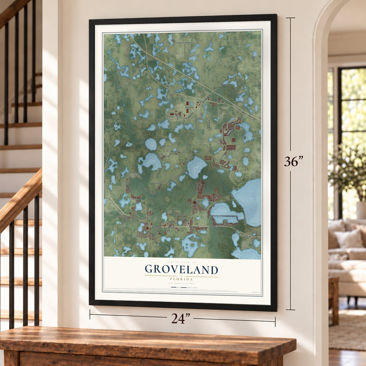 Groveland, Florida map, 24 x 36 inch print in a black frame by a staircase