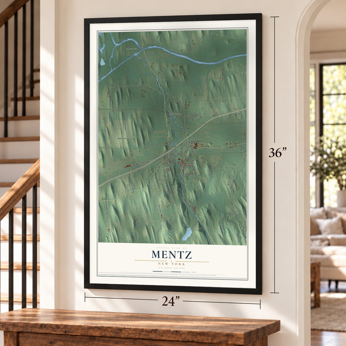 Mentz, New York map, 24 x 36 inch print in a black frame by a staircase