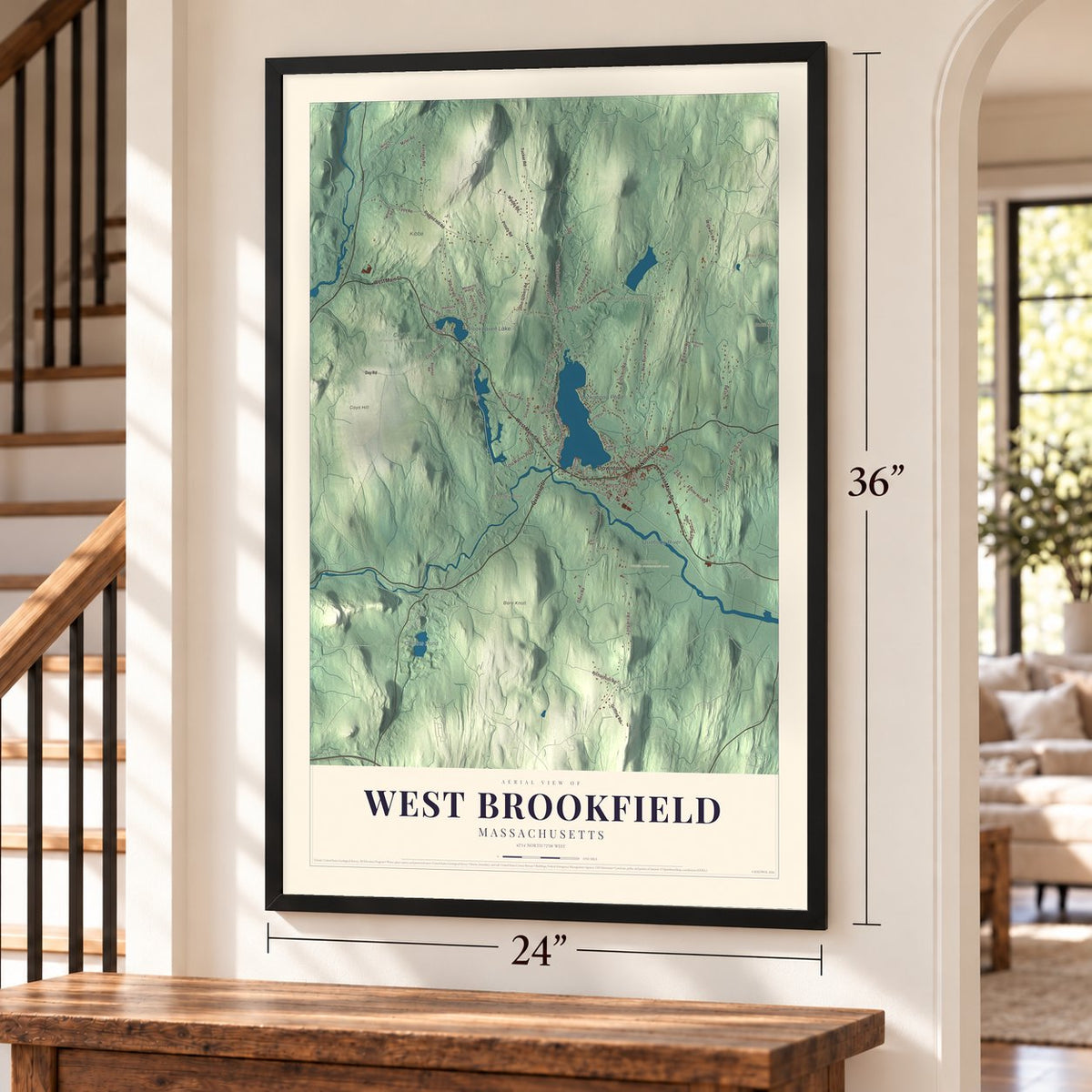 West Brookfield, Massachusetts map, 24 x 36 inch print in a black frame by a staircase